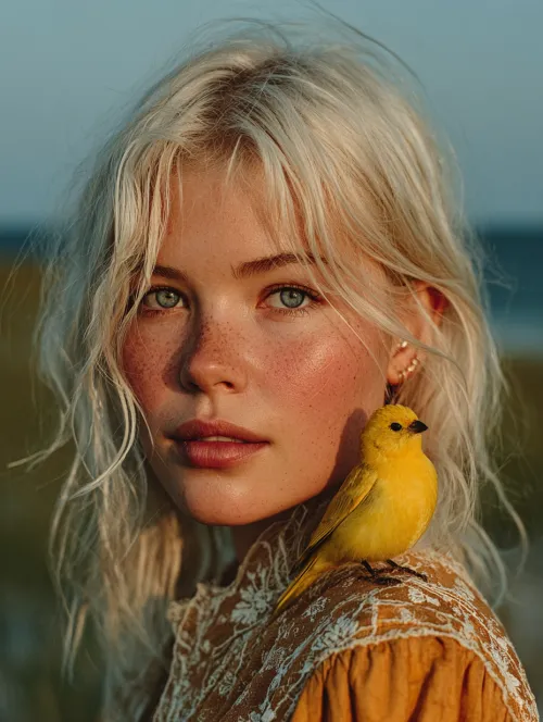 Portrait of a girl with white hair and a yellow canary on her shoulder