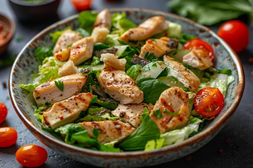 Вкусный салат с куриным филе, свежими овощами и зеленью