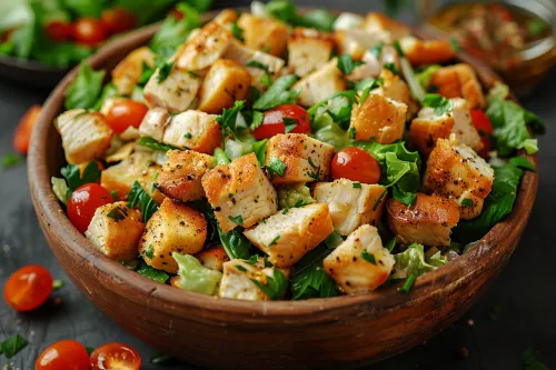 Салат с обжаренными кусочками курицы и свежими овощами