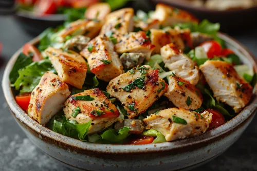 Vegetable salad with appetizing pieces of grilled chicken and herbs