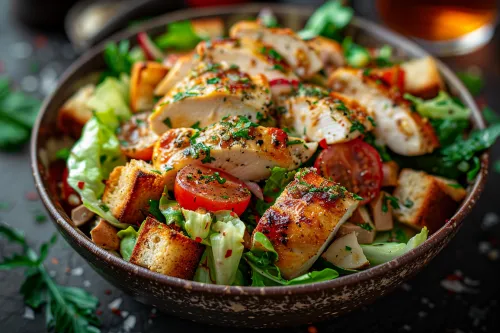 Ensalada con pollo asado, tomates y crutones de pan