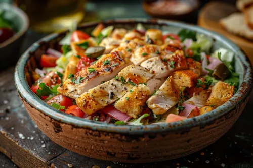 Салат с нарезанным куриным филе, овощами и зеленью в миске