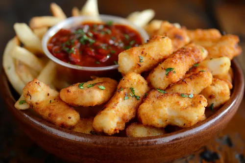 Aperitivos dorados en un plato de madera con papas y salsa