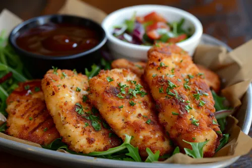 Filetes de pescado fritos servidos con hierbas y salsa