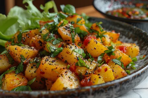 Potato salad garnished with herbs and spices on a plate