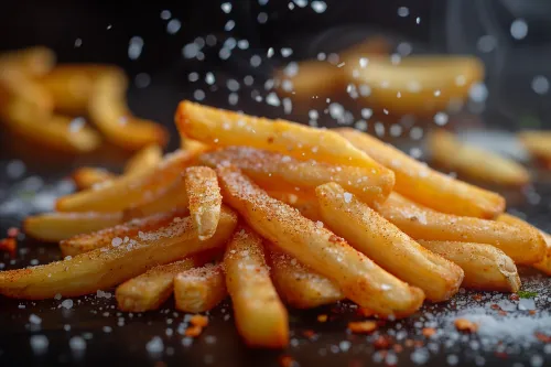 Golden French fries with salt, spices, and drops of water in the background
