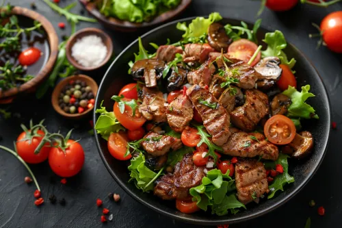 Салат из свежих овощей с жареным мясом и грибами