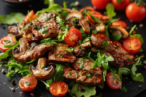 Apetitosa ensalada de champiñones, tomates y hierbas sobre una superficie negra