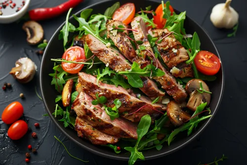 Ароматный салат с кусочками мяса, помидорами, грибами и зеленью