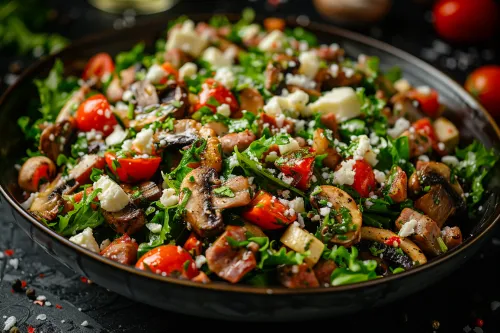 Ensalada con verduras, champiñones, tomates y queso feta sobre un fondo negro