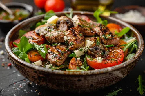 Сочный салат с мясом, помидорами, зеленью и сыром в красивой посуде