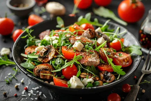 Салат с рукколой, помидорами, грибами и сыром в черной миске