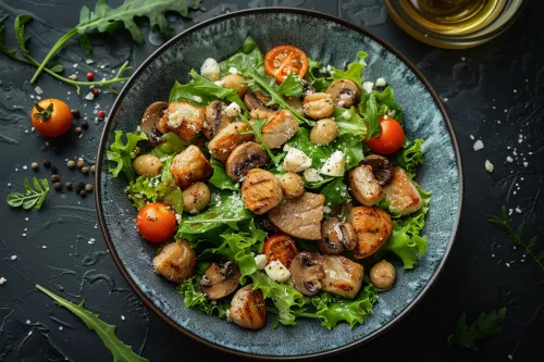 Светлый салат из свежих овощей с куриным мясом и грибами