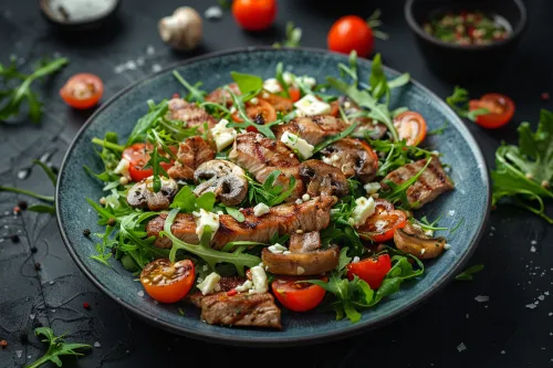 Вкусный салат с курицей, грибами и помидорами на фоне тёмного стола