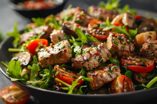 Аппетитный салат с куриным мясом, листьями салата и помидорами черри