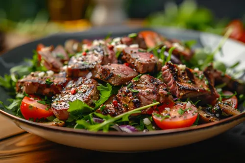 Ensalada de carne sobre una cama de verduras frescas, presentación colorida