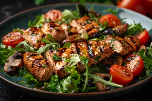 Сочное мясо курицы, поданное на зелёном луже с томатами и грибами