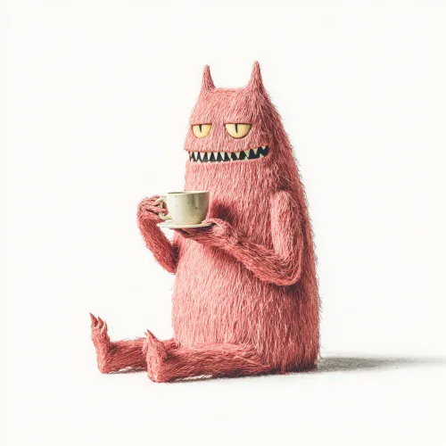 Pink creature with pointed ears and a smiling face holding a cup