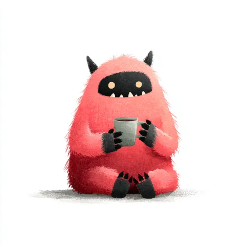 Fluffy pink monster holding a gray cup against a white background