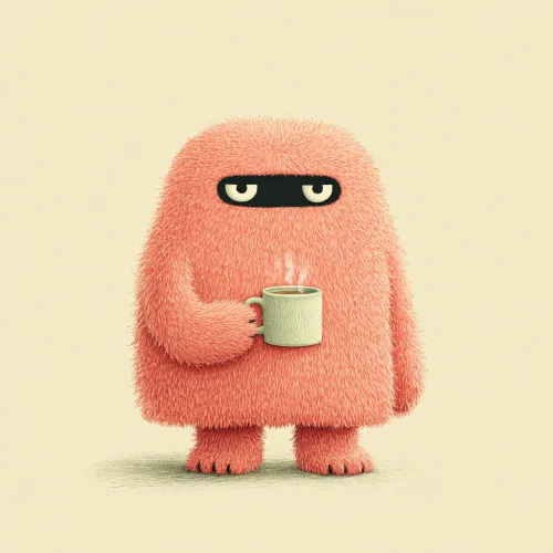 Una criatura gorda y parecida a un monstruo con una taza de bebida caliente