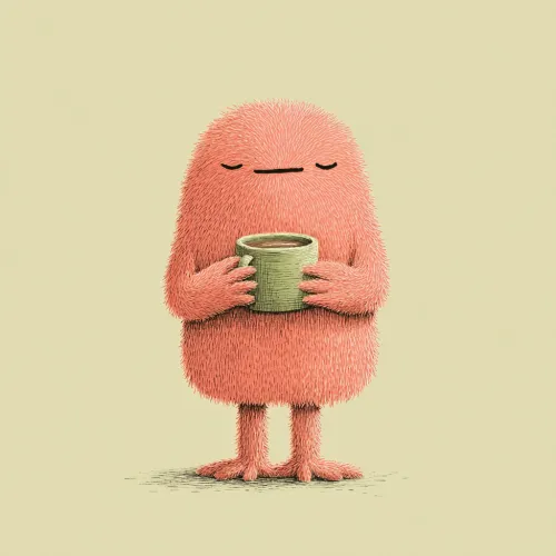 Una criatura regordeta y adorable sostiene una taza con una bebida caliente