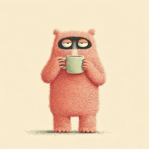 Bestia de dibujos animados con pelaje naranja y una taza en las manos