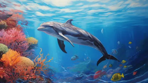 Dolphin swimming among bright corals and tropical fish in the ocean