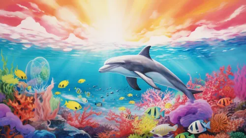 Dolphin playing among corals and colorful fish in the ocean