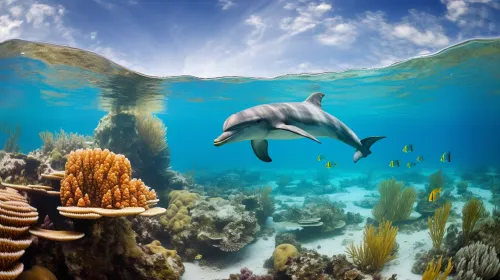 Dolphin swimming among corals and colorful fish in the sea