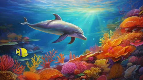 Dolphin swimming among bright corals and fish in the ocean