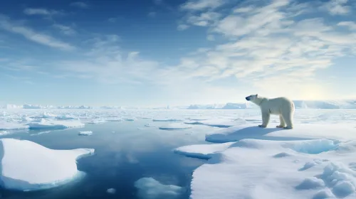 Image of a polar bear on an icy surface with a blue sky and clouds