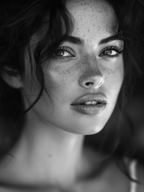 Close-up portrait of a girl with freckles and dark hair
