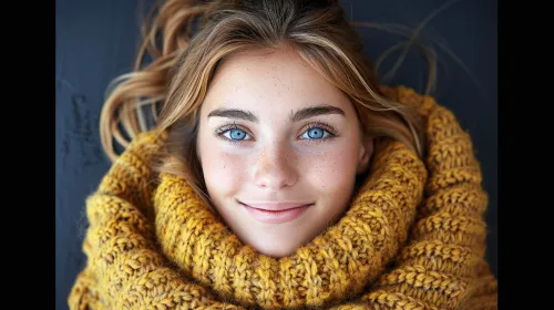 Retrato de una joven con ojos azules y un tejido en el cuello