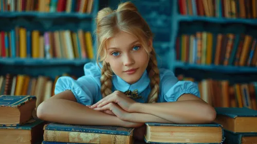 Smart girl with long braids poses among old books in the library