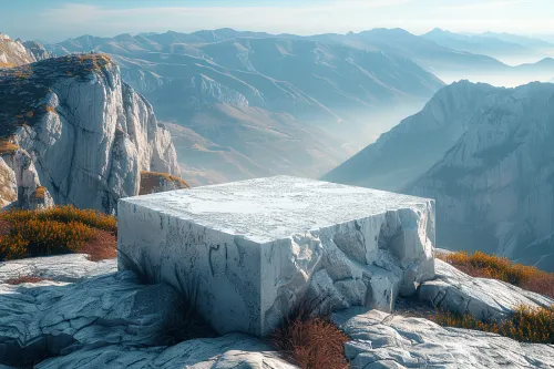 Cubic sculpture against the backdrop of picturesque mountains and clouds