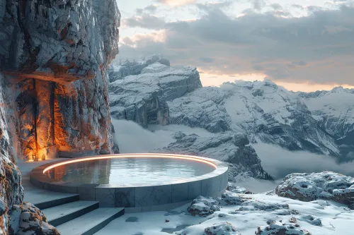 Modern spa hotel with a hot tub among snowy mountains