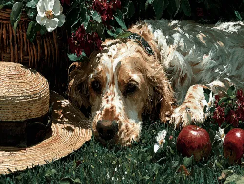 Perro tranquilo acostado en la hierba junto a manzanas y flores