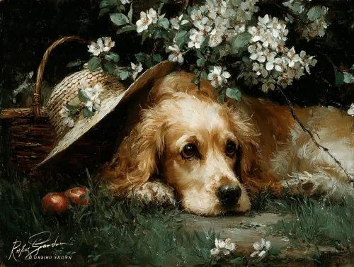 Perro tumbado en la hierba junto a flores y una cesta con manzanas