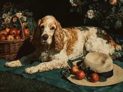 Retrato de un perro frente a una cesta de manzanas y un sombrero