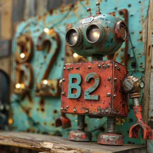 Artistically crafted retro robot, number B2, against an old wall