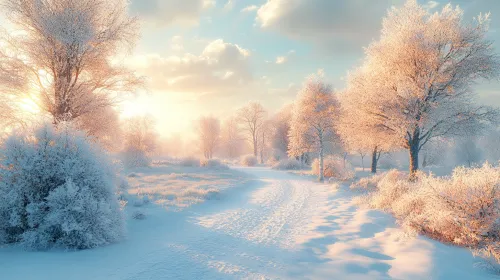 Beautiful winter landscape with bright sun and snow-covered trees