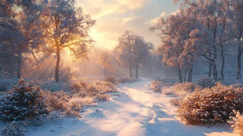 Idyllic winter landscape with shimmering snow and sun rays