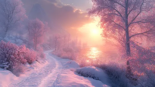 Snowy winter landscape with a sunset and a pink sky palette