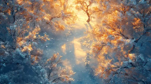 Winter landscape with snow-covered trees and sunlight rays