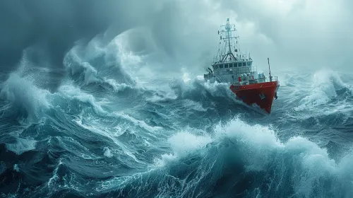 Корабль в штормовое море с высокими волнами и густым туманом