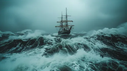 Un antiguo barco de vela superando altas olas contra un cielo gris