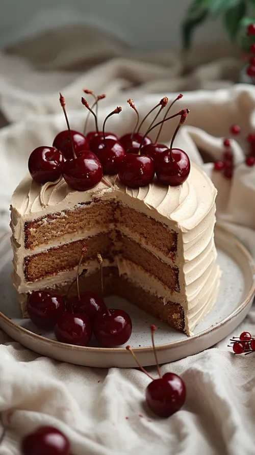 Multi-layer cake decorated with cherries and cream