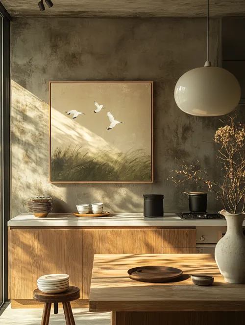 Cocina luminosa con un cuadro que representa aves sobre un fondo de hierba