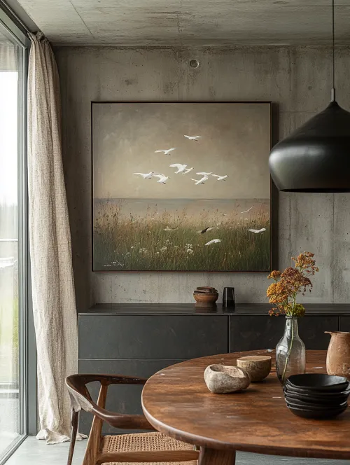 Paisaje pintado con aves volando en un interior minimalista