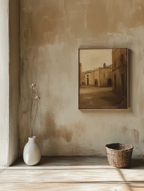 Cozy Corner with a Painting on the Wall and a Plant Vase